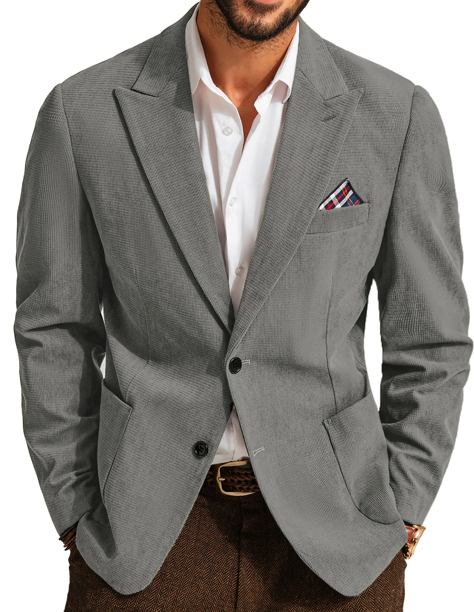 Men Corduroy Blazer Coat Casual Two-Button Peak Lapel Back Slit Suit Coat