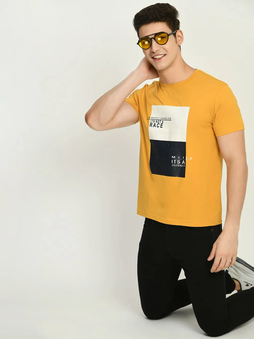 Men’s Printed Round Regular Fit T-Shirt - Mustard Yellow