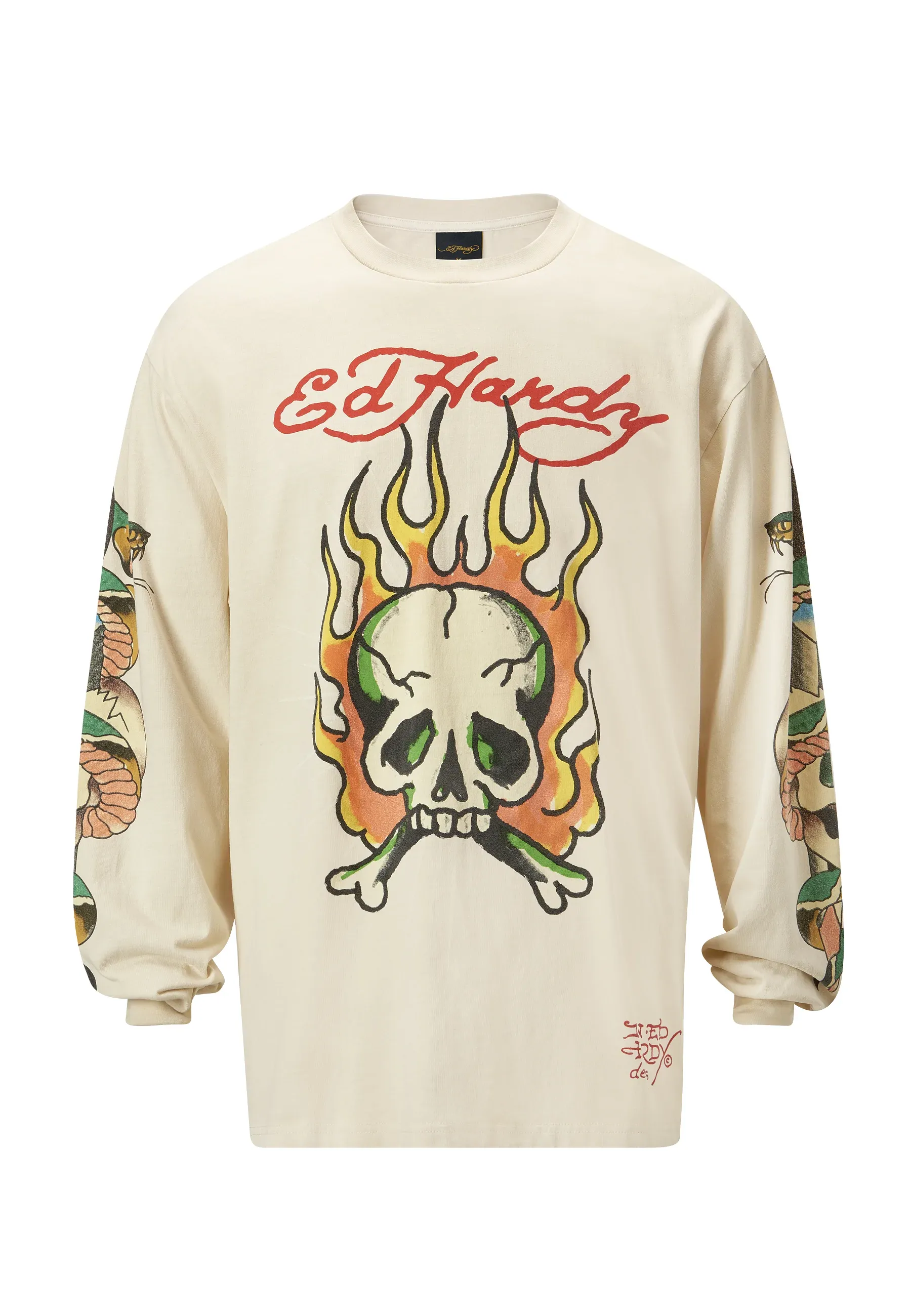 Mens Skull-Flame Long Sleeve T-Shirt - Ecru