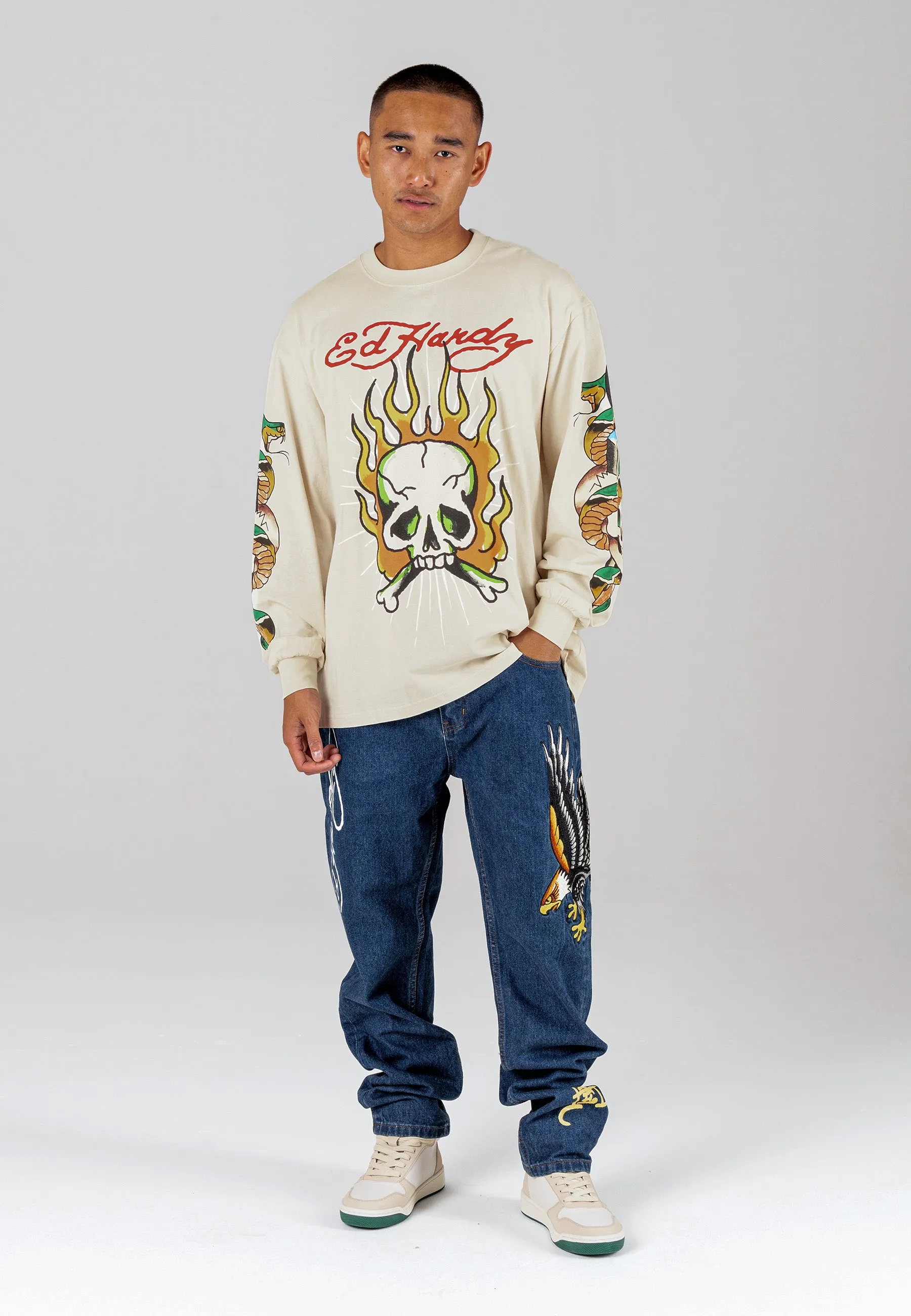 Mens Skull-Flame Long Sleeve T-Shirt - Ecru