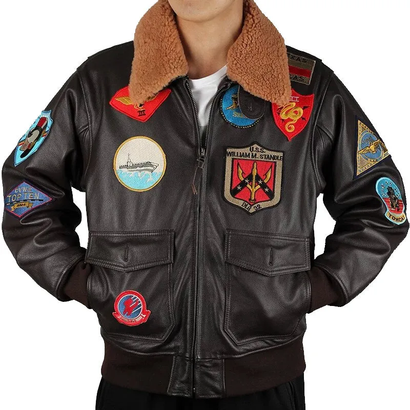 Mens Top Gun G1 Air Force Flight Leather Jacket Fur Collar