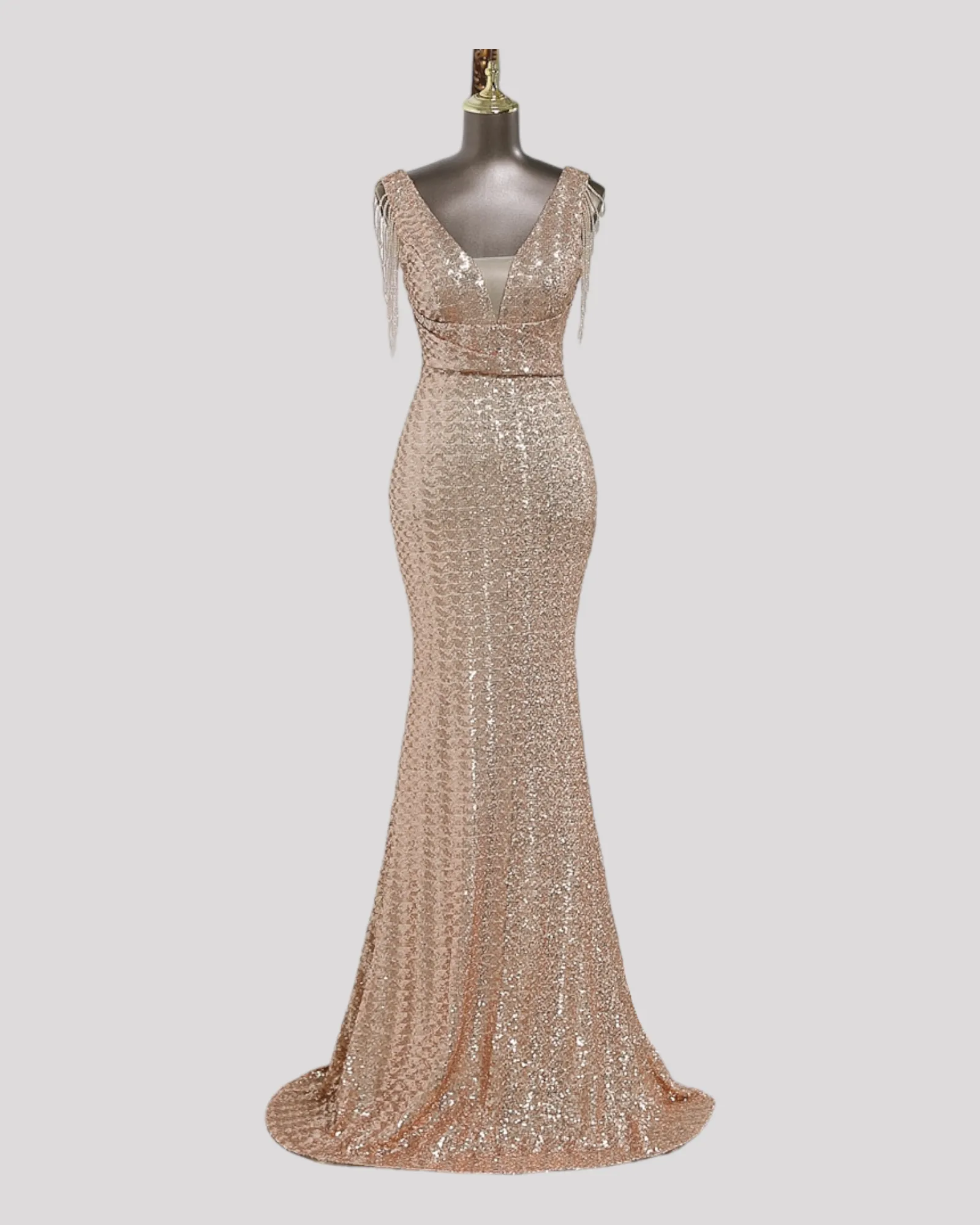 Mermaid Sequin Dress with Pleating detail over waist and Beaded illusion Sleeves