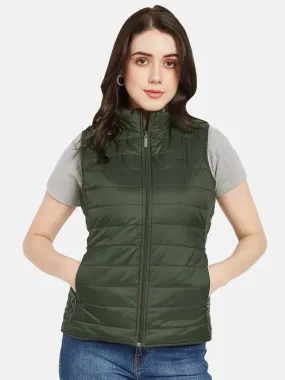 Mettle Women Olive Green Camouflage Crop Puffer Jacket