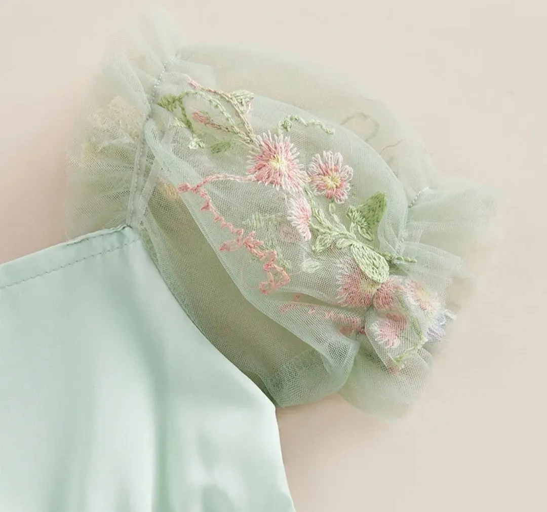 Mint Romper with Embroidered Tulle Tutu, Puff Sholders and Headband #1001176