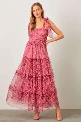 Monique Pink Tulle Floral Tiered Maxi Dress