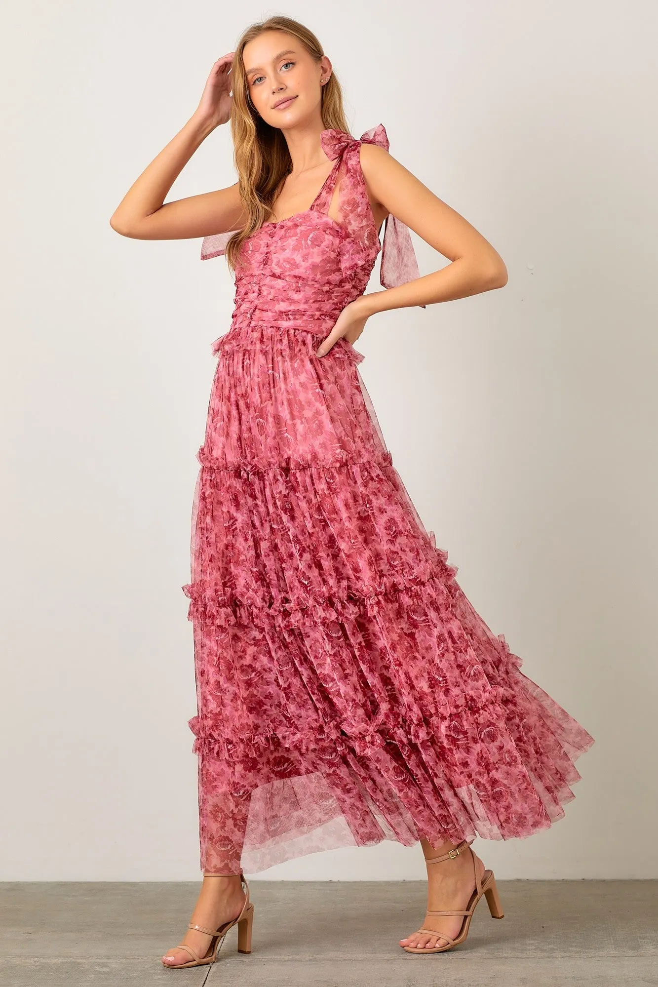 Monique Pink Tulle Floral Tiered Maxi Dress