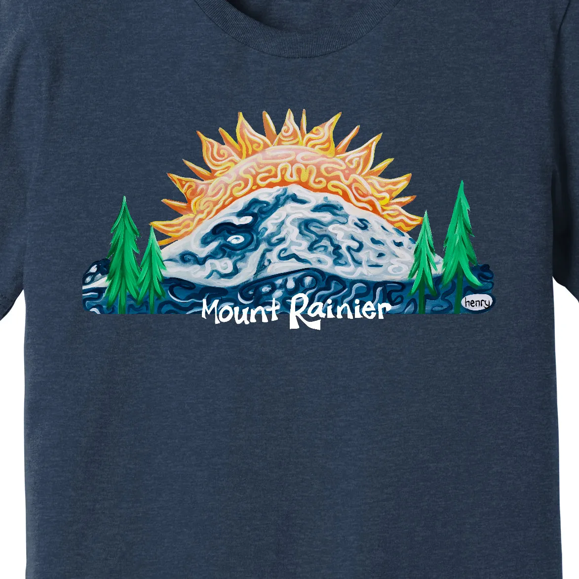 Mount Rainier Sunrise Unisex Heathered Navy T-Shirt | Wearable Art by Seattle Mural Artist Ryan "Henry" Ward