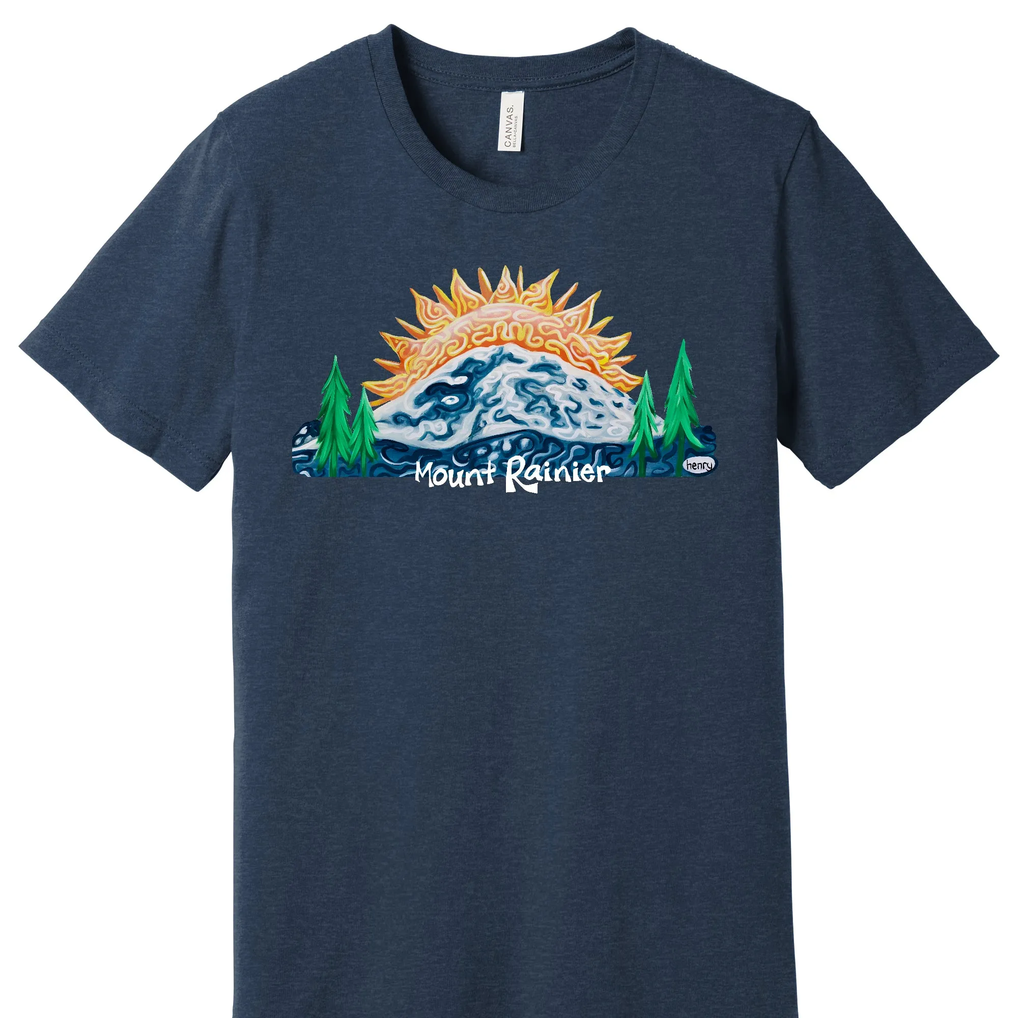 Mount Rainier Sunrise Unisex Heathered Navy T-Shirt | Wearable Art by Seattle Mural Artist Ryan "Henry" Ward