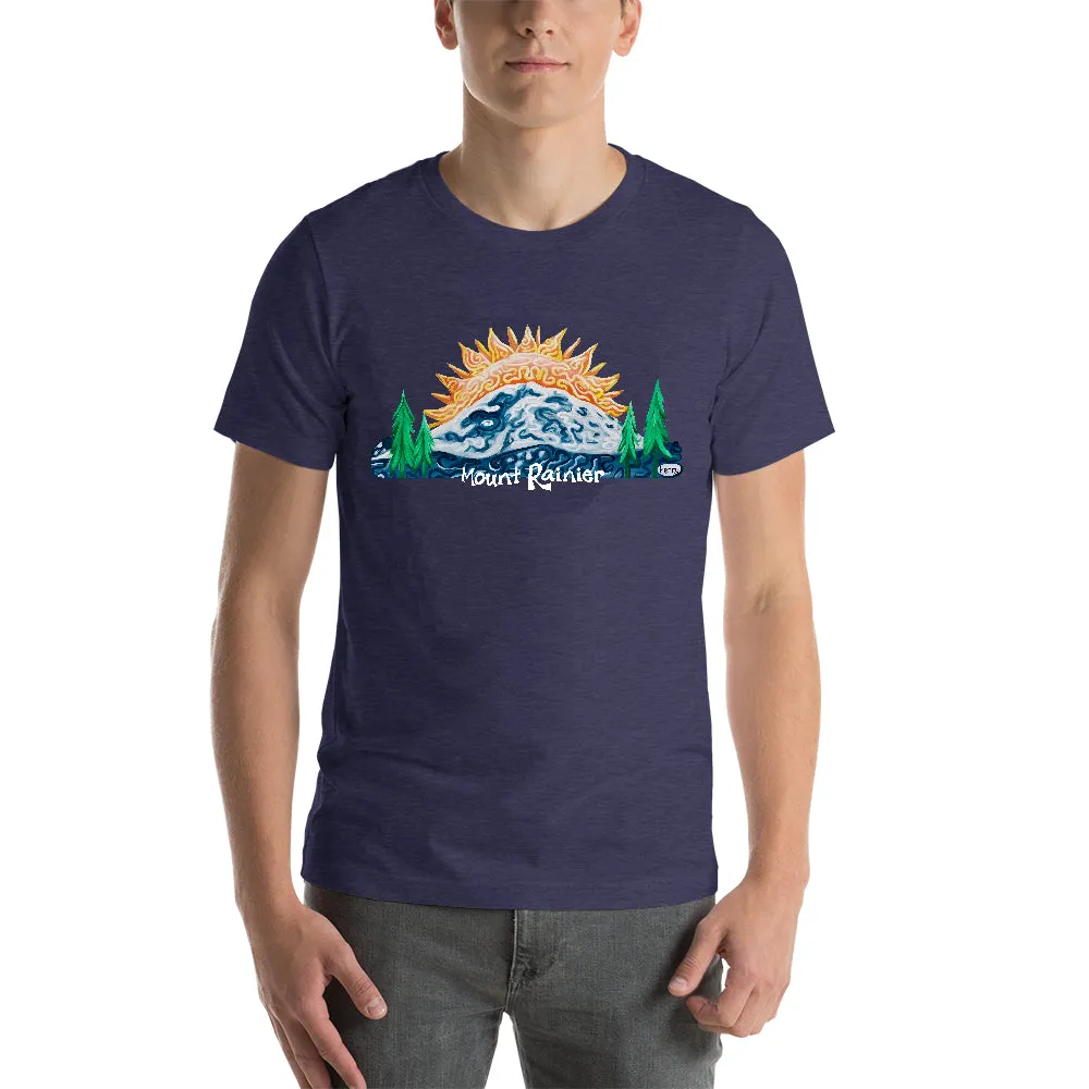 Mount Rainier Sunrise Unisex Heathered Navy T-Shirt | Wearable Art by Seattle Mural Artist Ryan "Henry" Ward