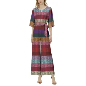 Multicolored Snakeskin Dolman Sleeve Belted Wide Leg Jumpsuit