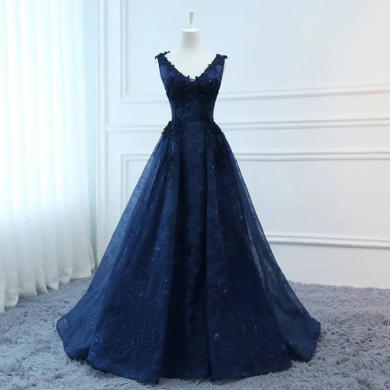 Navy Blue V-neckline Lace Long Party Dress with Flowers, Blue V-neckline Prom Dress