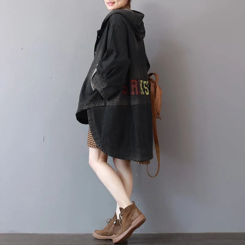 New dark gray denim coats trendy plus size hooded trench coat fine low high design coat