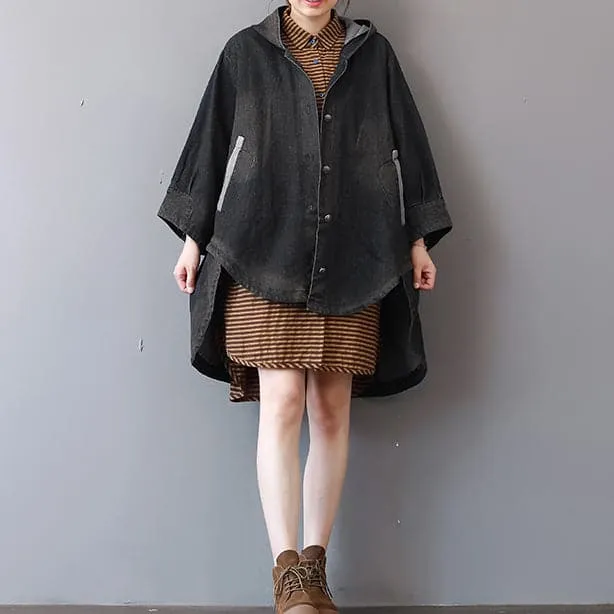 New dark gray denim coats trendy plus size hooded trench coat fine low high design coat