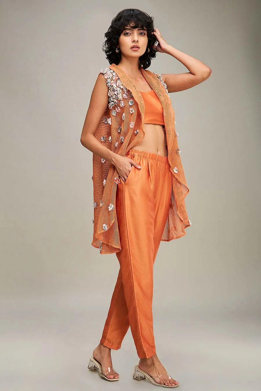 Orange Conversational Co-Ord Set With Embellished Cape