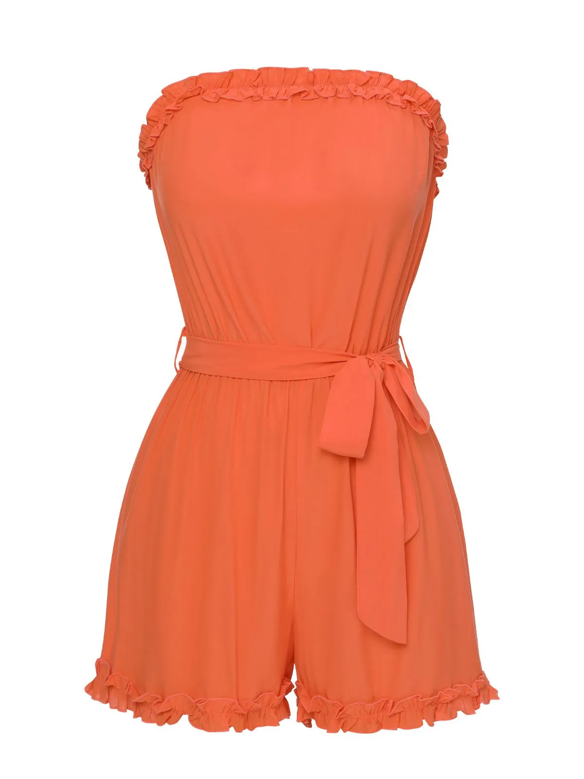 Orange Red 1950s Solid Belt Bandeau Romper