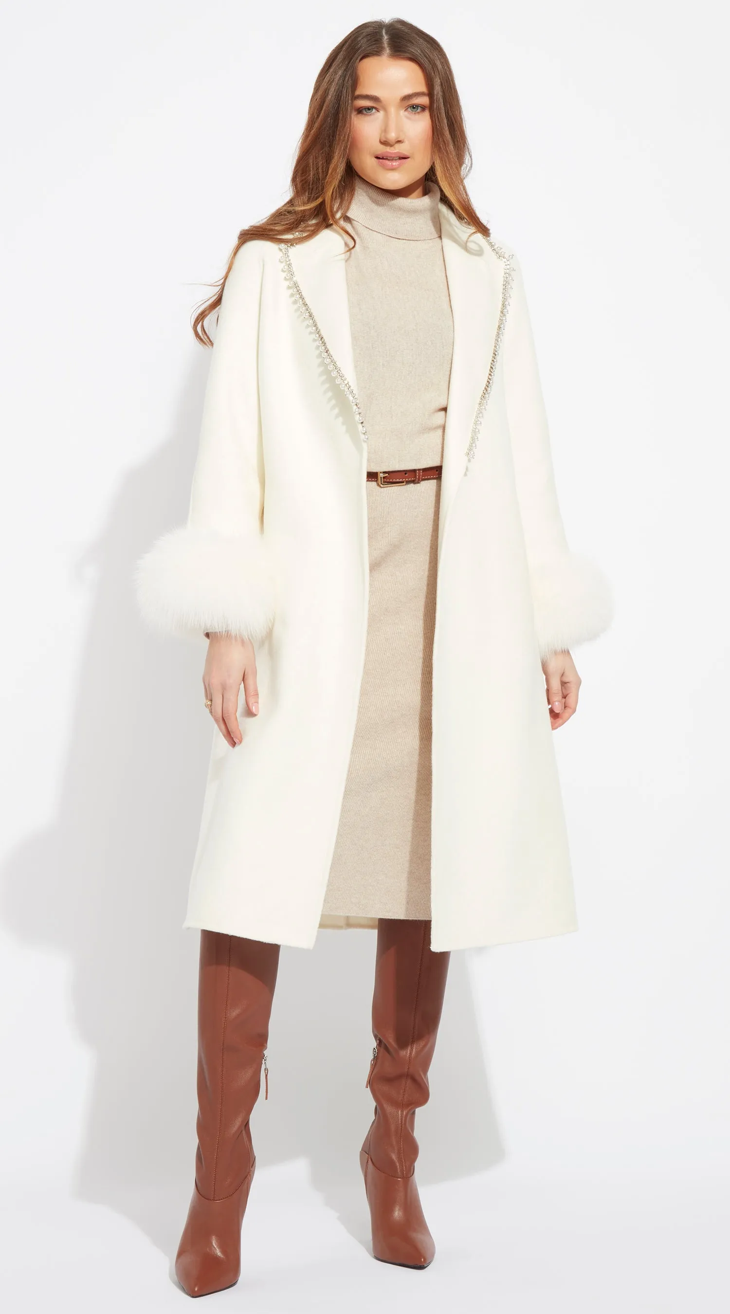 OUTLET Cashmere & Fur Embellished Belted Coat - Milk