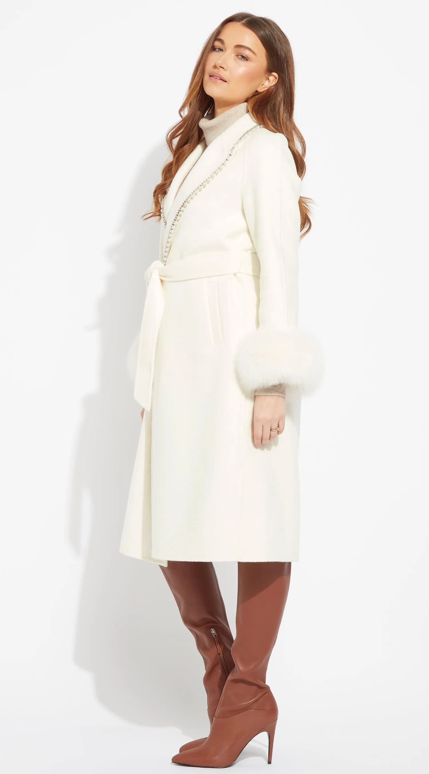 OUTLET Cashmere & Fur Embellished Belted Coat - Milk