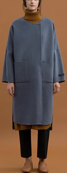 Oversized Wool Wrap Coat, Grey/Blue