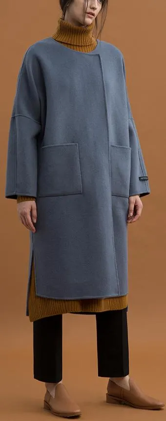 Oversized Wool Wrap Coat, Grey/Blue