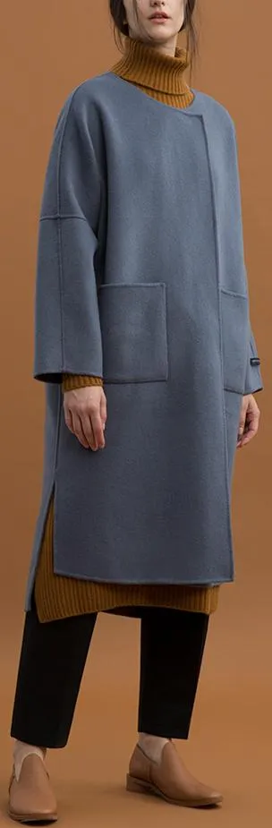 Oversized Wool Wrap Coat, Grey/Blue