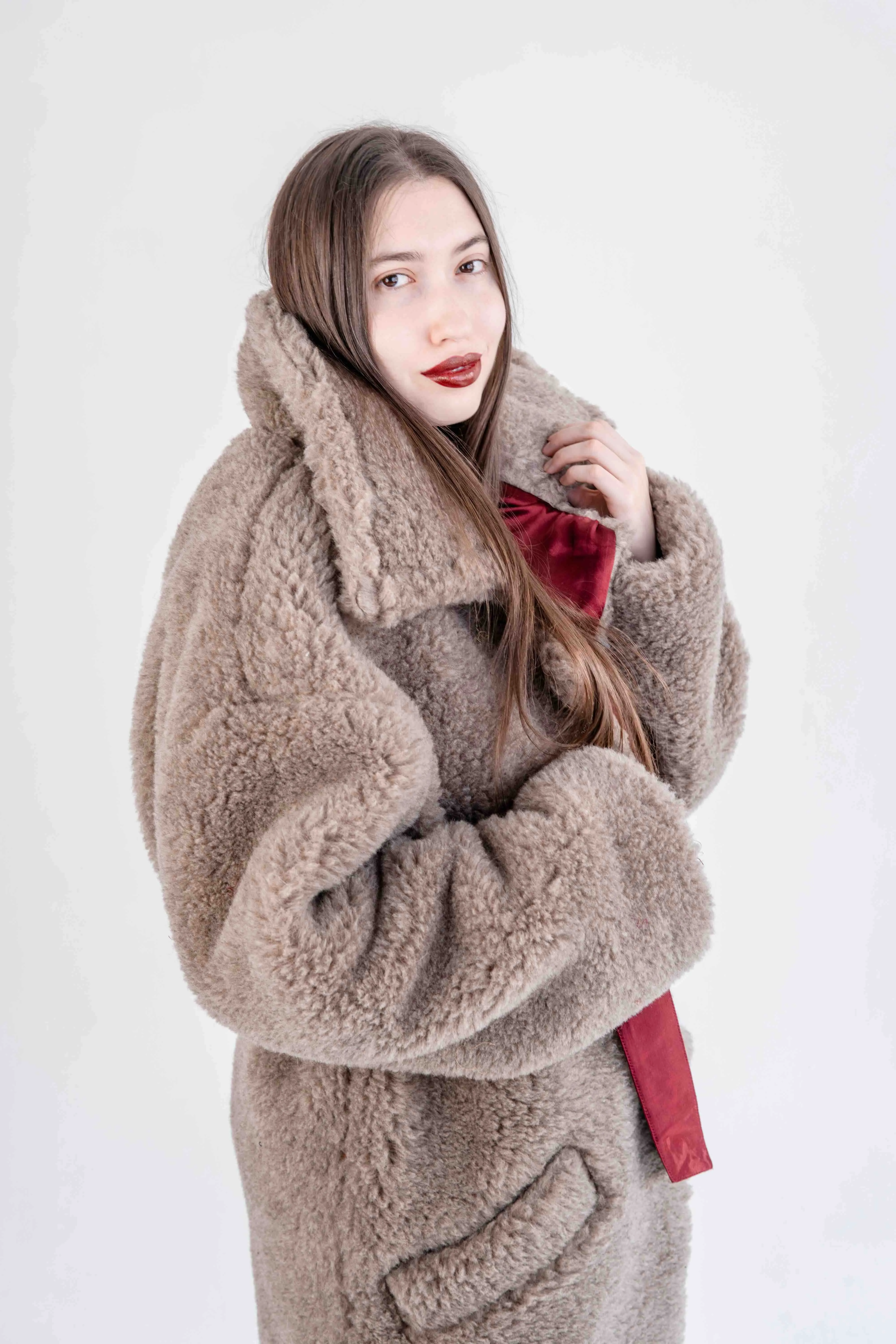 Oversized Woolen Coat with Maroon Silk Lining - Beige