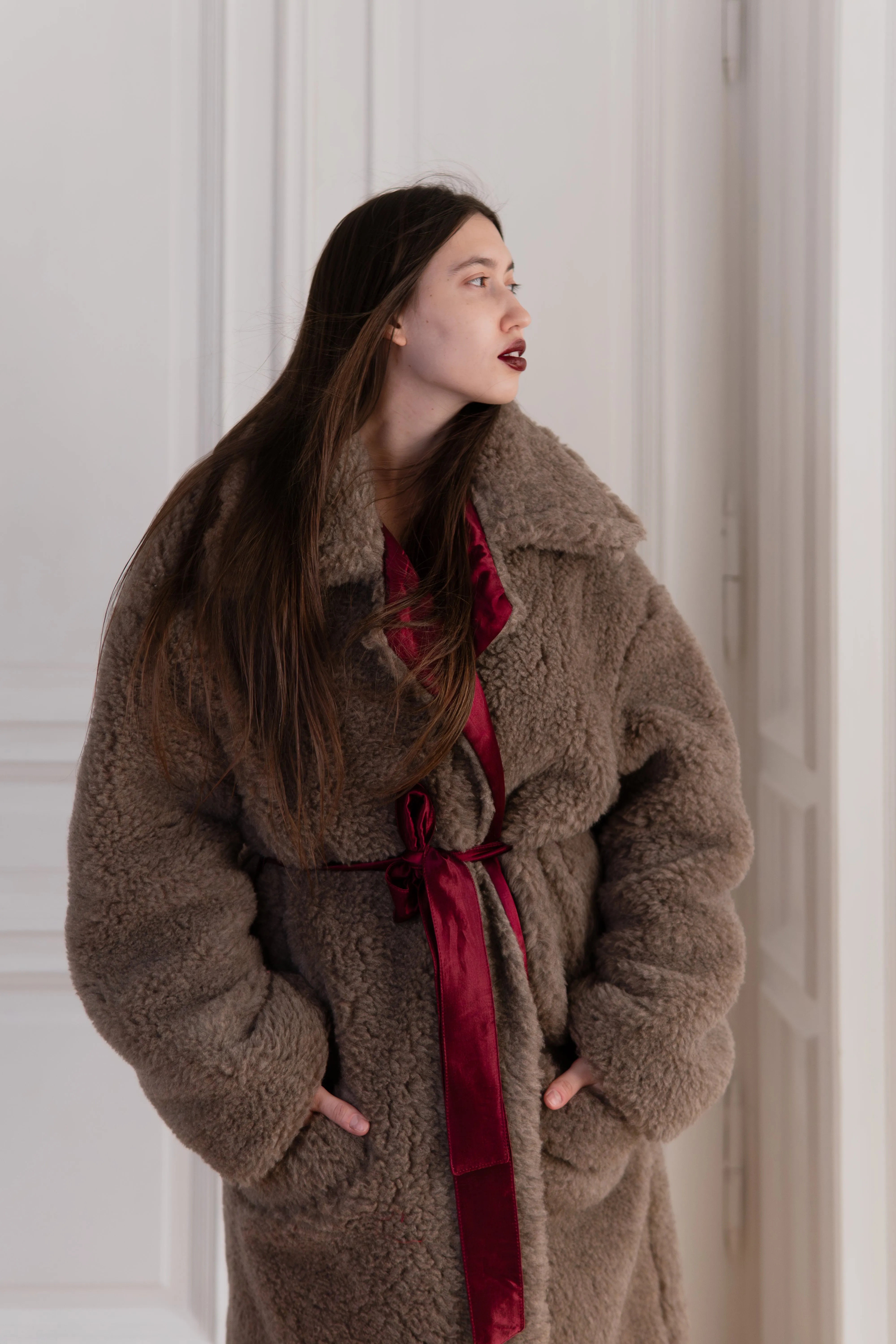 Oversized Woolen Coat with Maroon Silk Lining - Beige