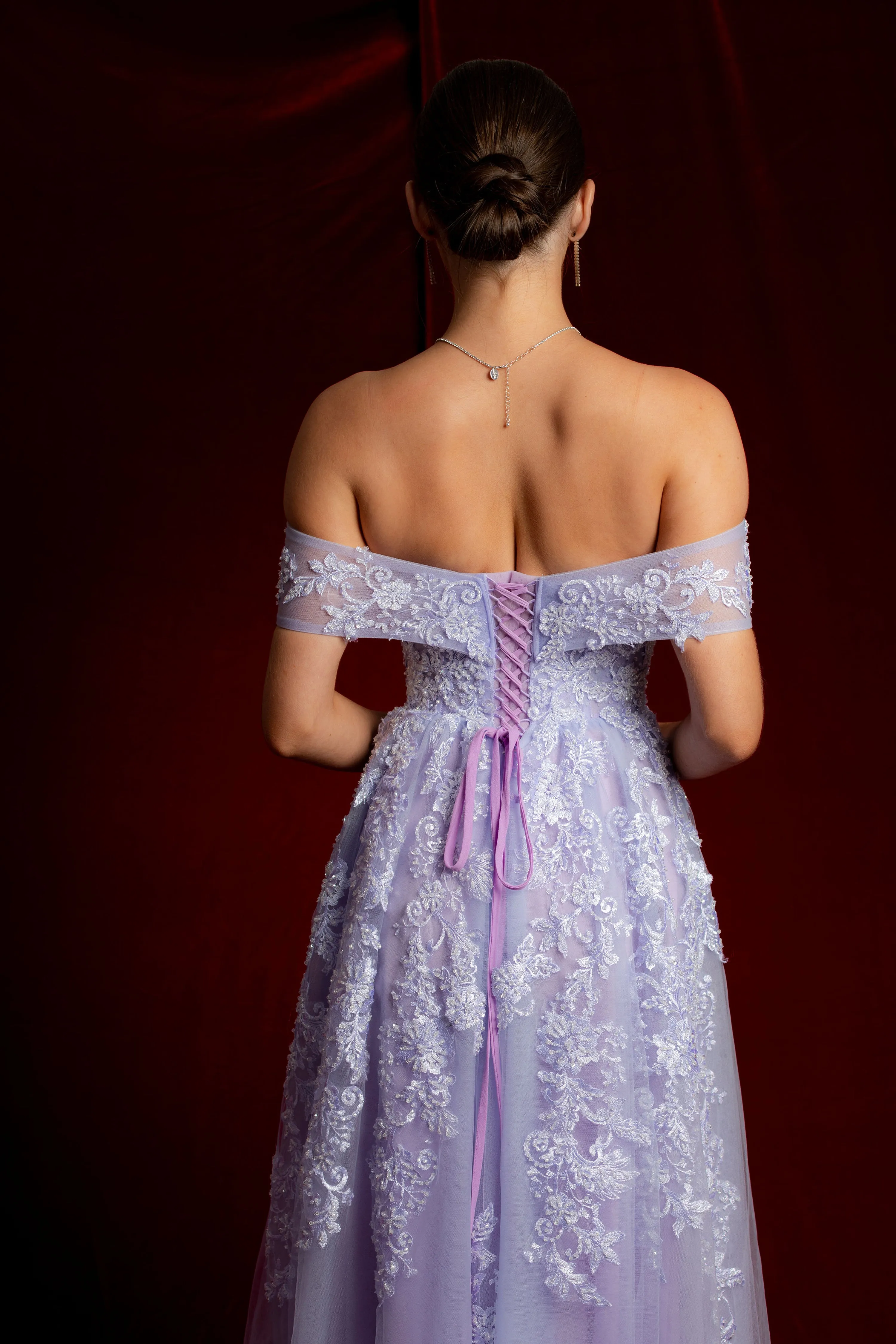 Pastel purple lace princess dress with off the shoulder sleeves