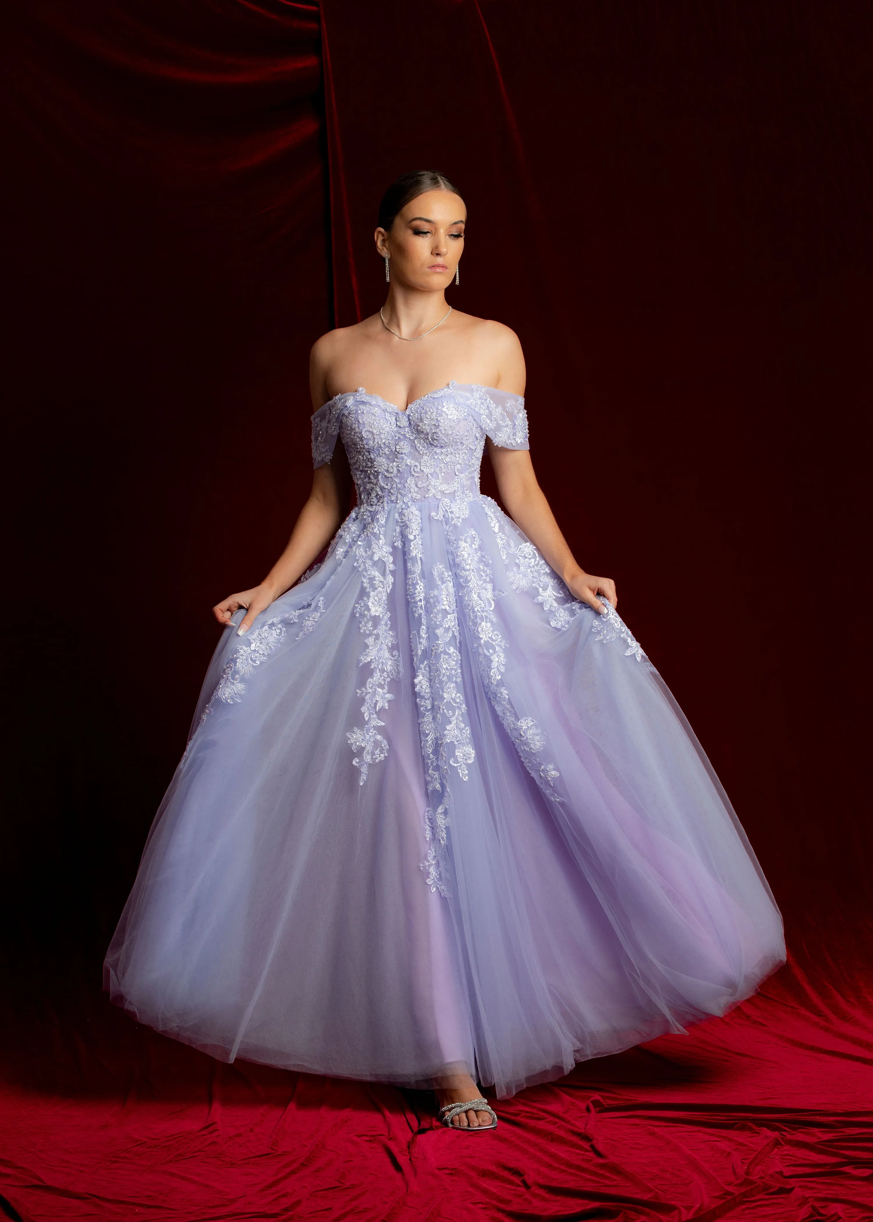 Pastel purple lace princess dress with off the shoulder sleeves