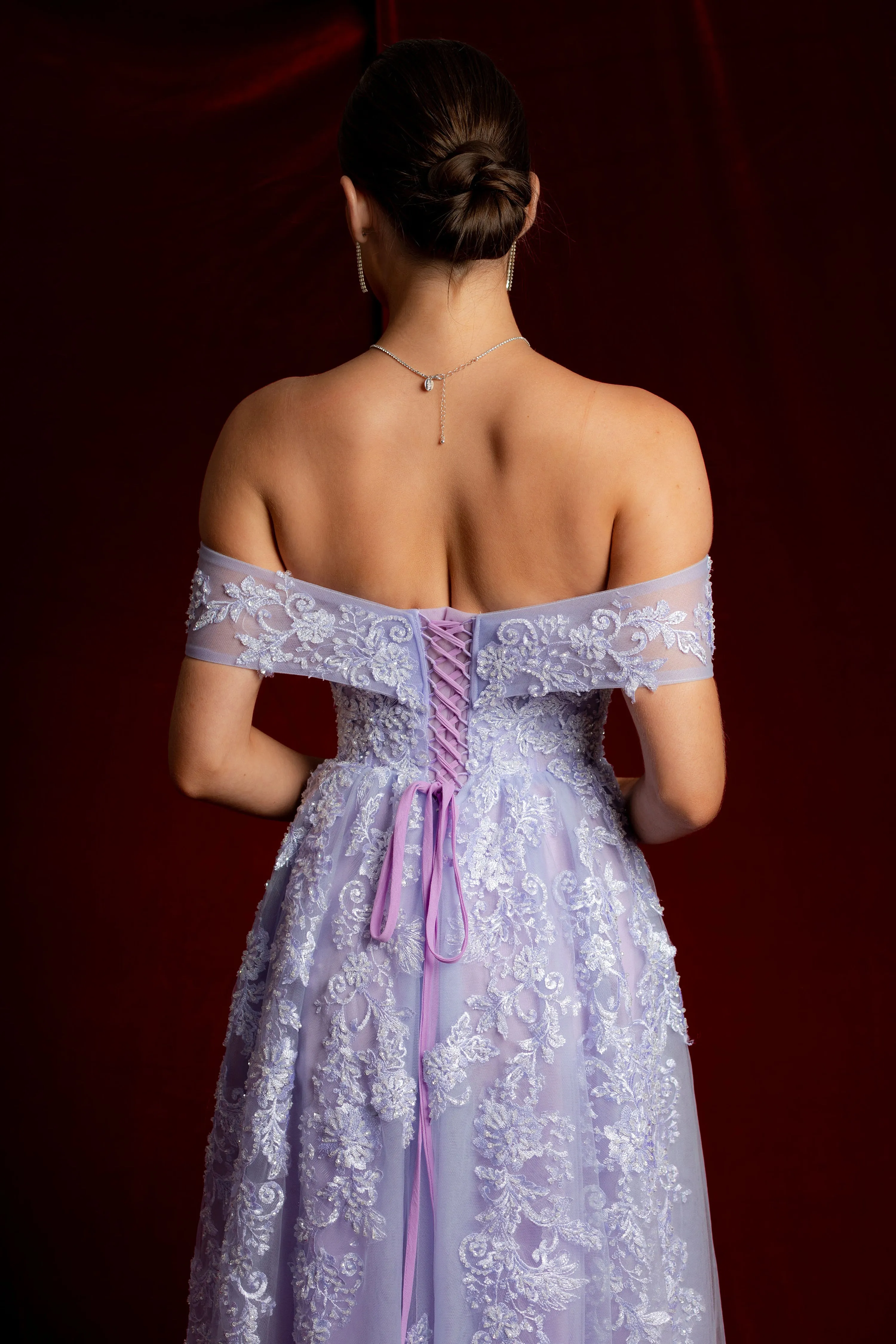 Pastel purple lace princess dress with off the shoulder sleeves