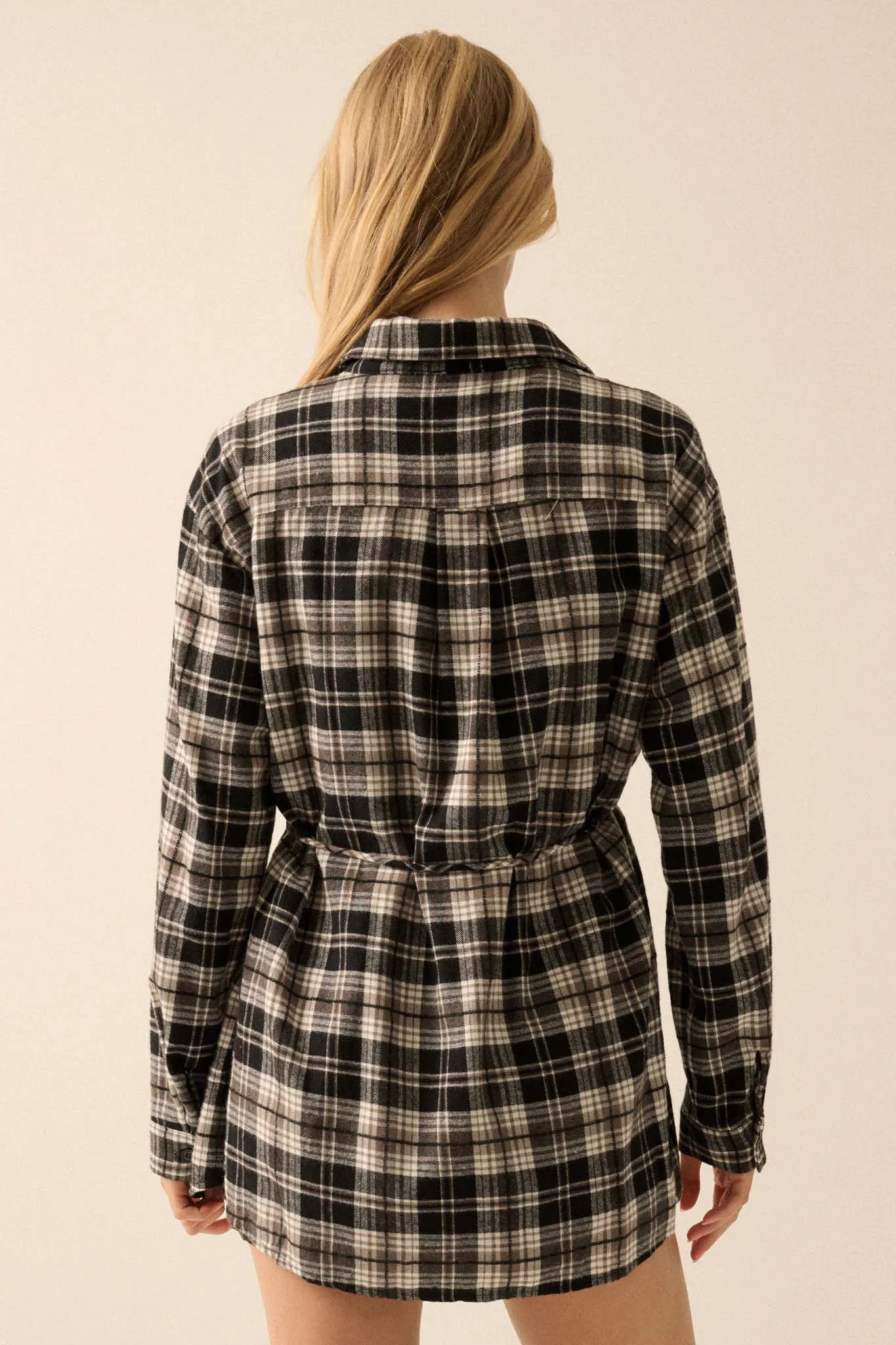 Personal Day Plaid Flannel Belted Shirt Romper