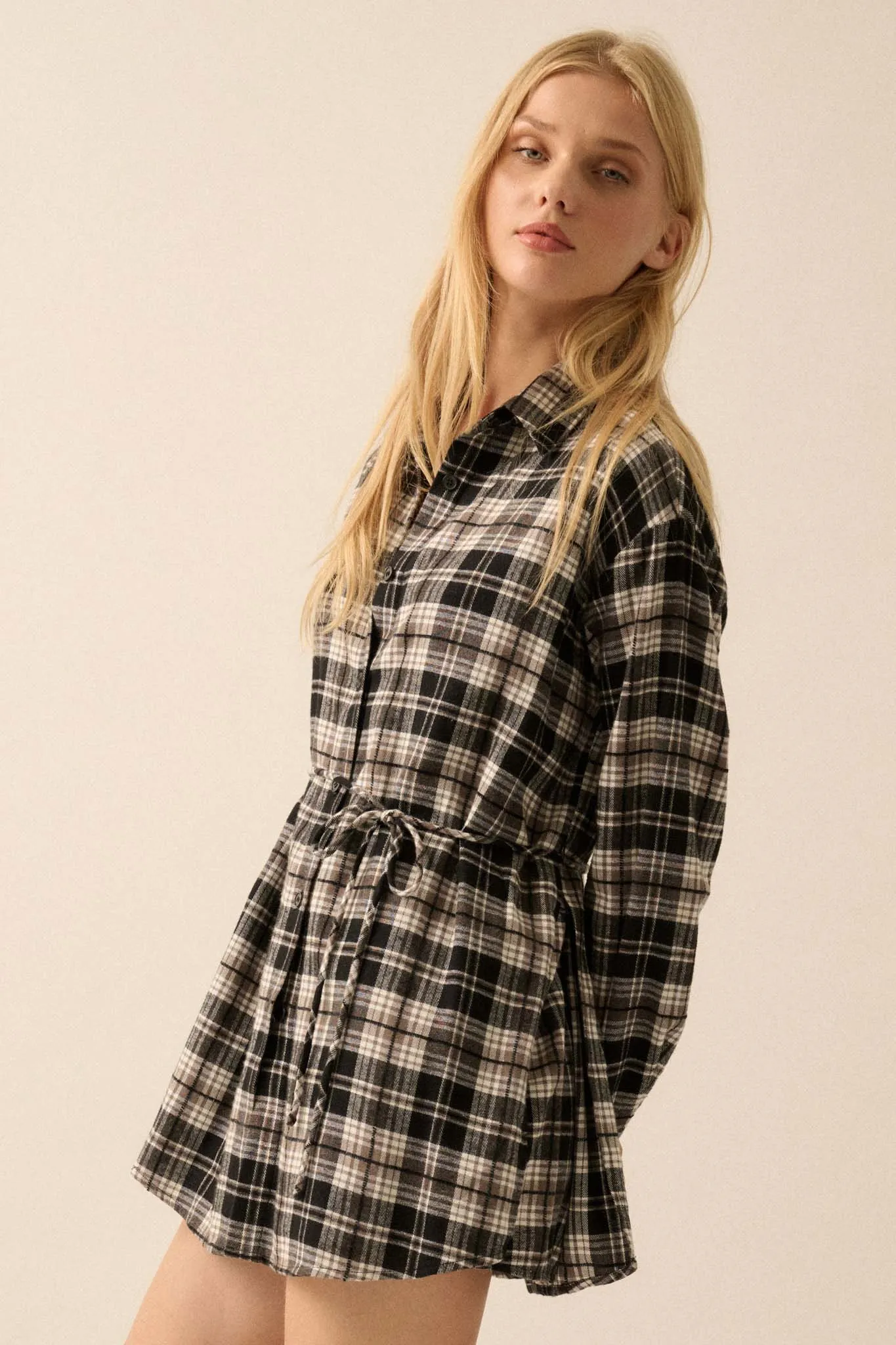 Personal Day Plaid Flannel Belted Shirt Romper