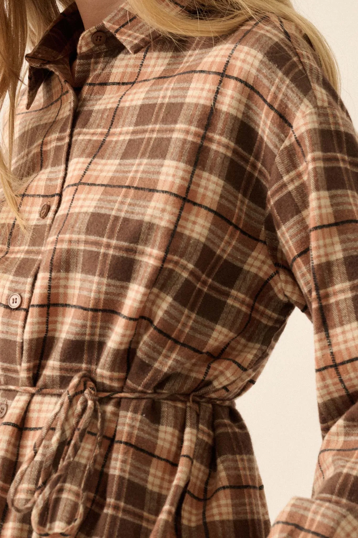 Personal Day Plaid Flannel Belted Shirt Romper