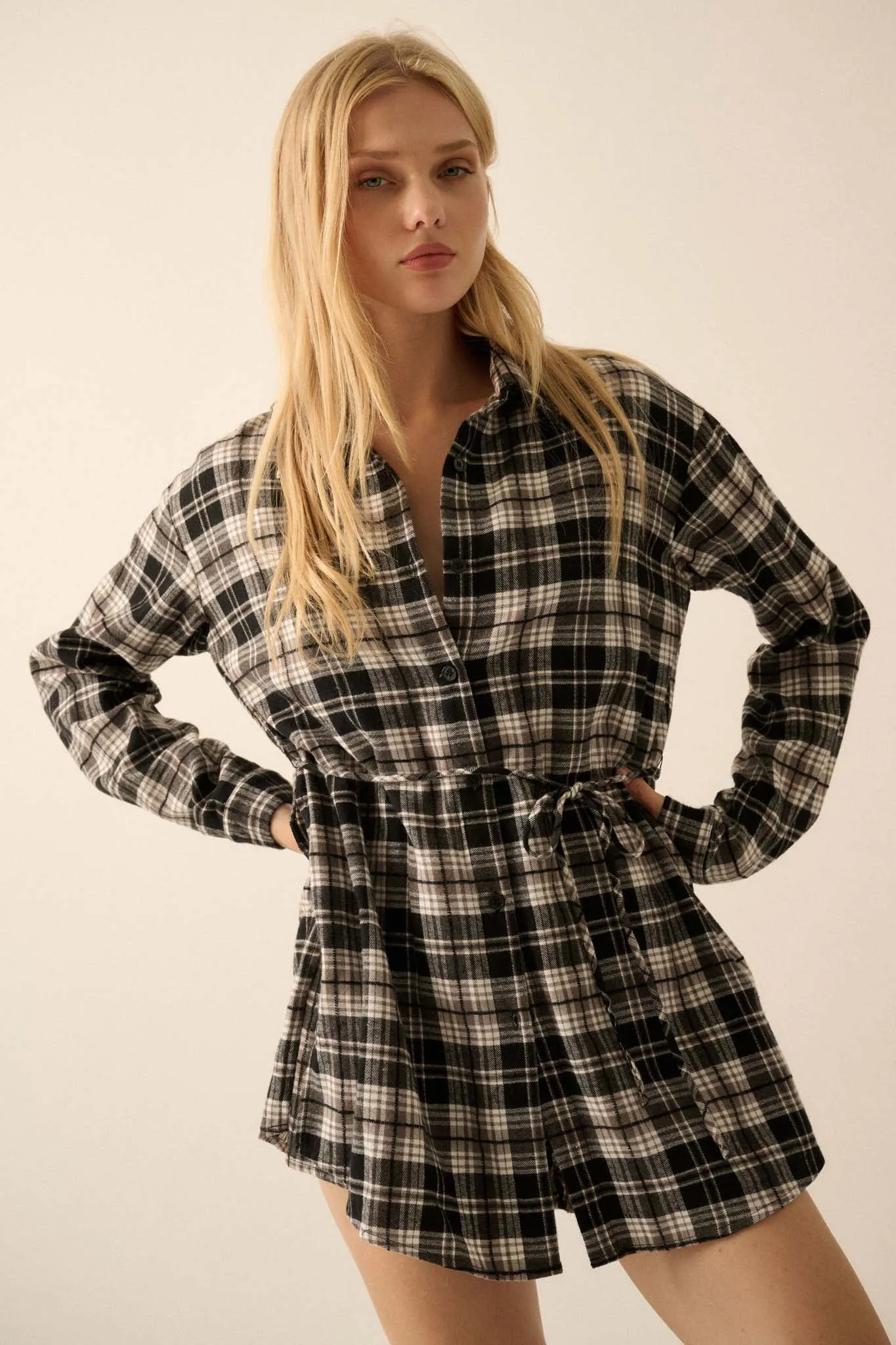 Personal Day Plaid Flannel Belted Shirt Romper