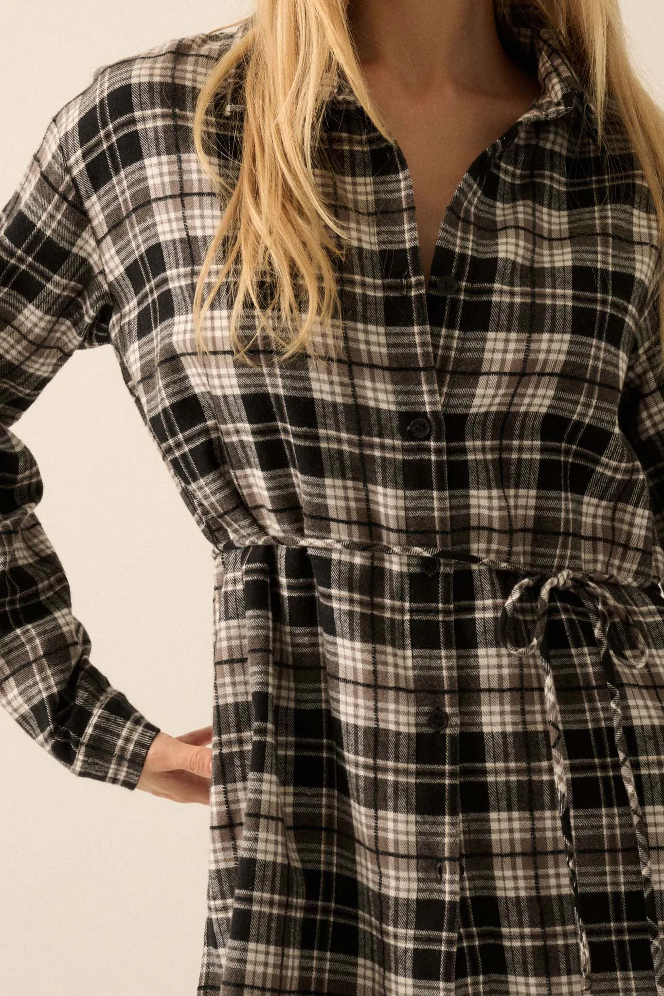 Personal Day Plaid Flannel Belted Shirt Romper