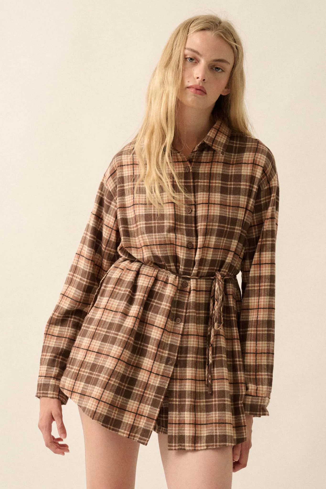 Personal Day Plaid Flannel Belted Shirt Romper