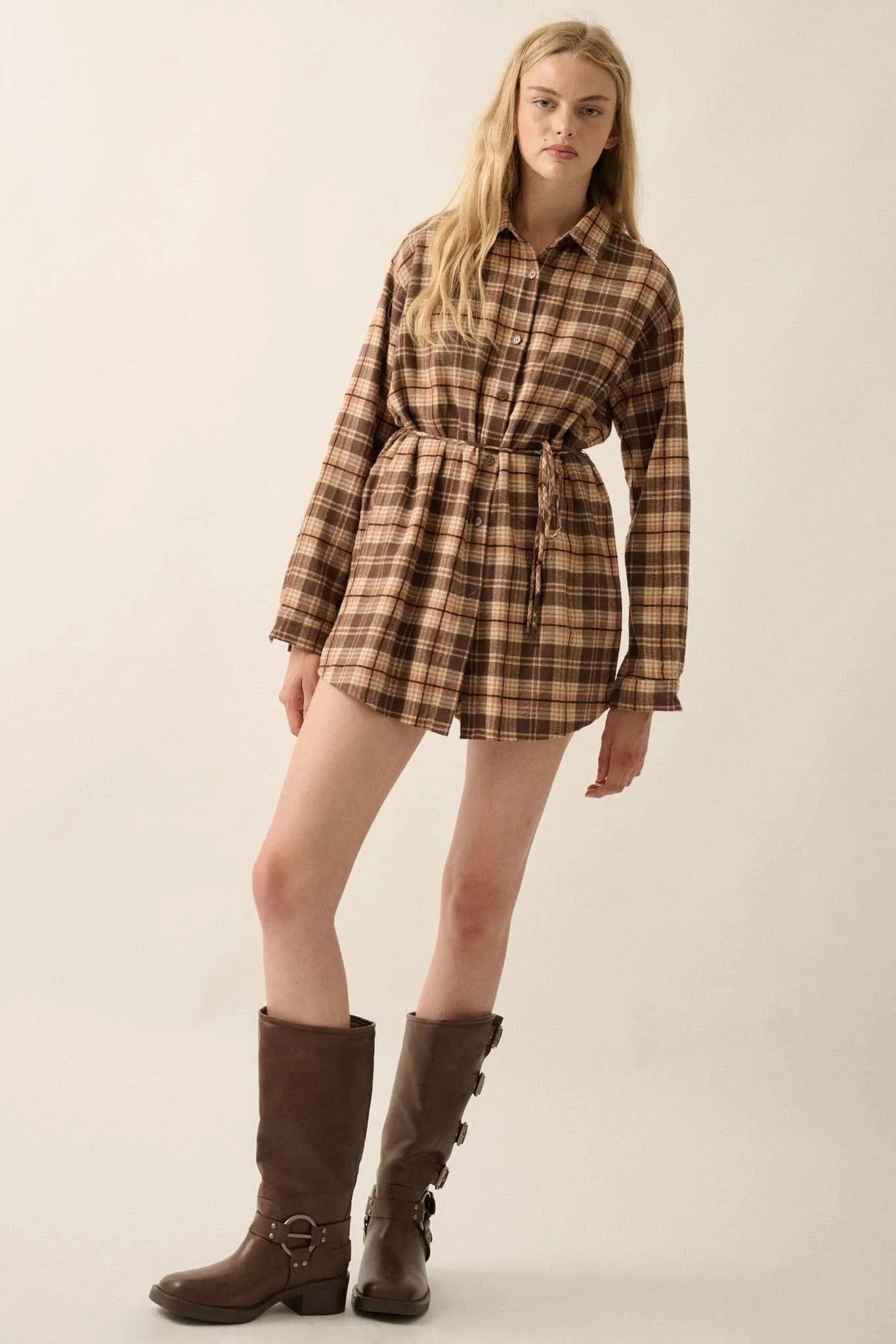 Personal Day Plaid Flannel Belted Shirt Romper