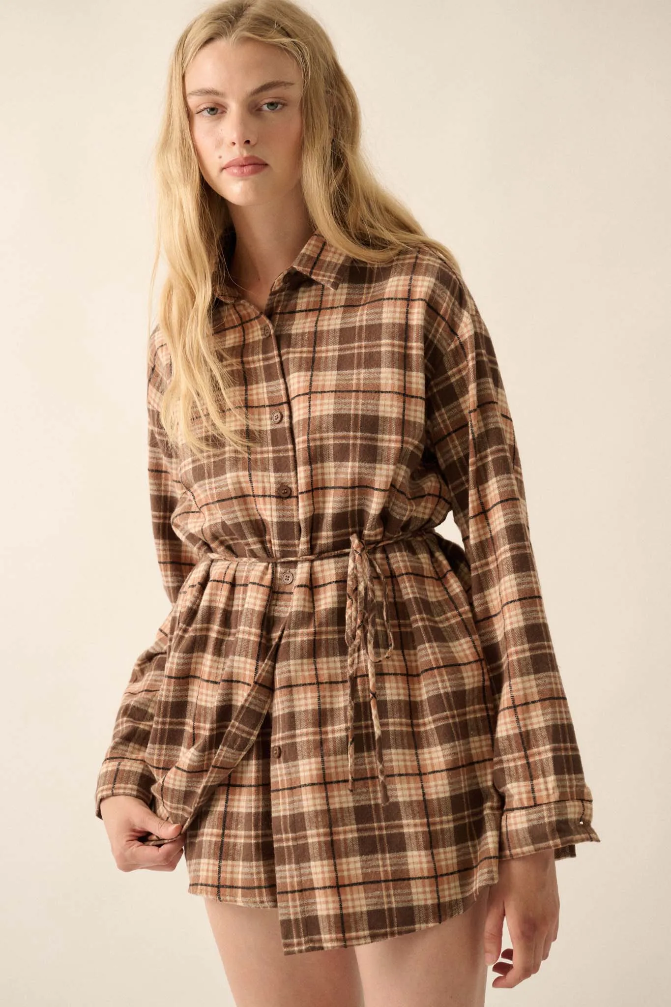 Personal Day Plaid Flannel Belted Shirt Romper