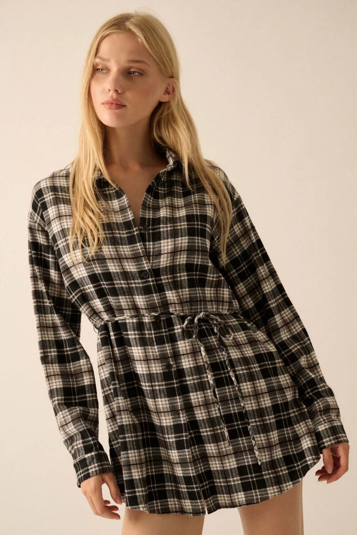 Personal Day Plaid Flannel Belted Shirt Romper