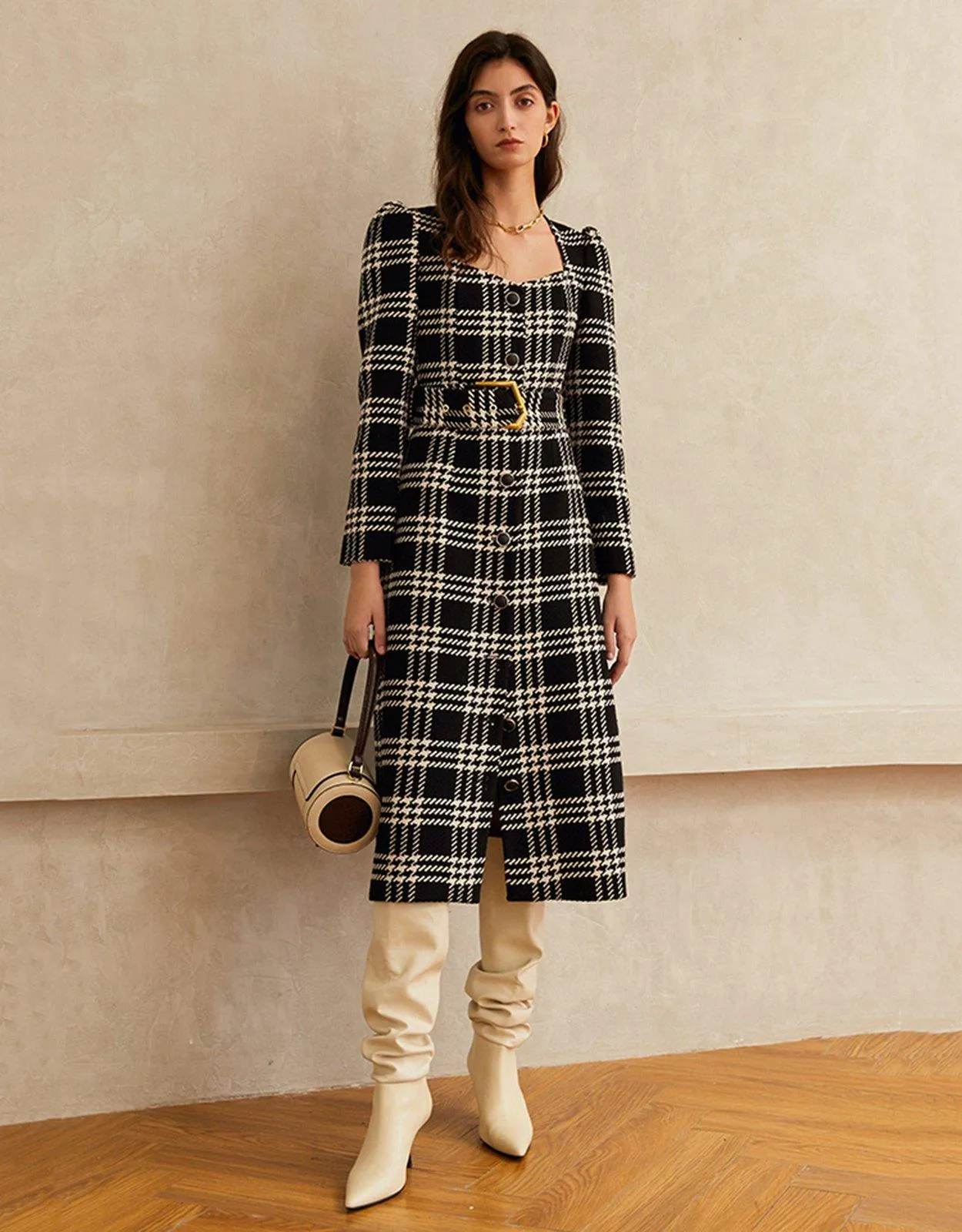 Plaid Square Neck Belted Button Wool Blend Long Dress