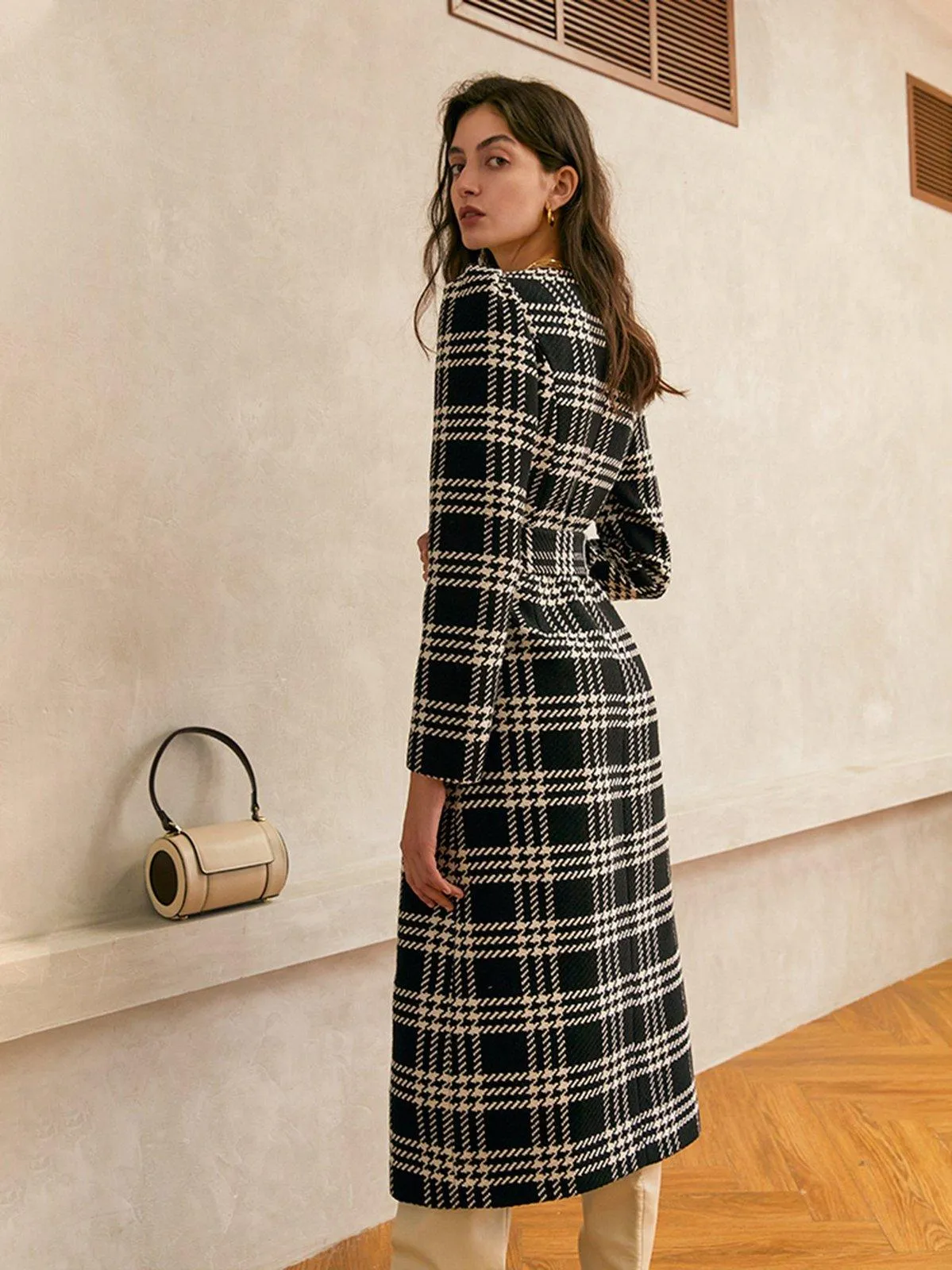 Plaid Square Neck Belted Button Wool Blend Long Dress