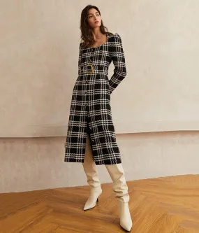 Plaid Square Neck Belted Button Wool Blend Long Dress