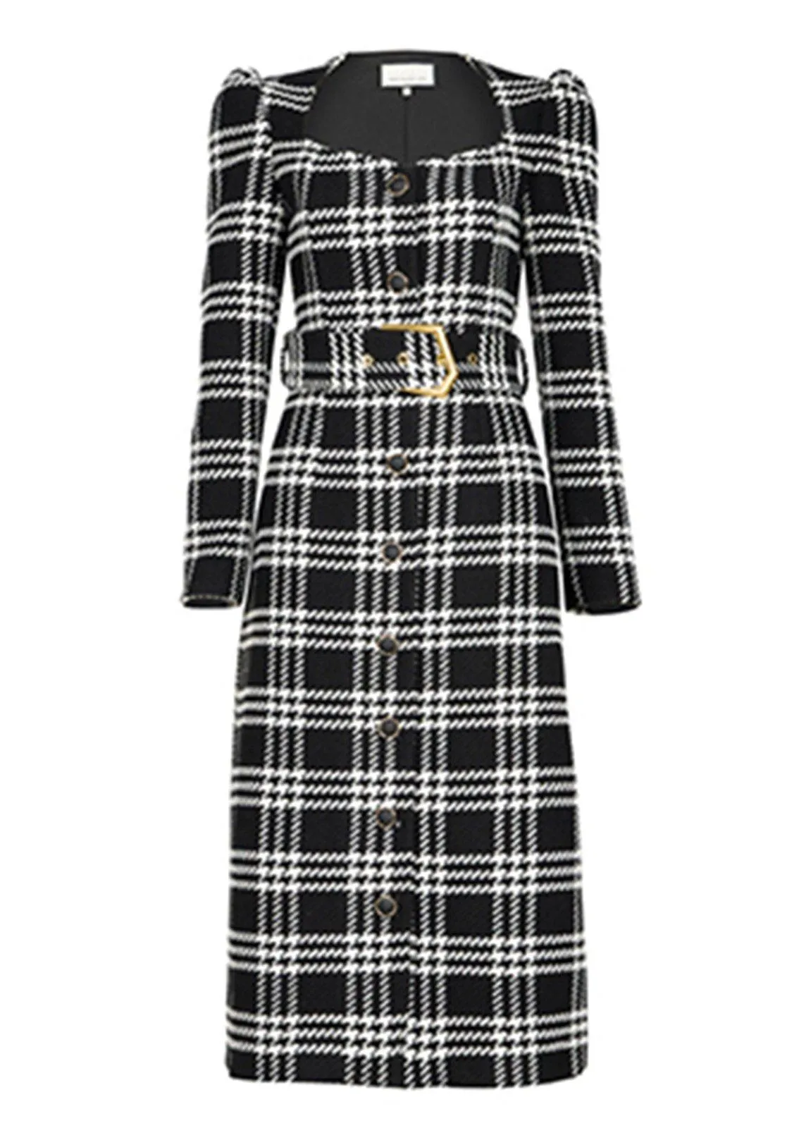 Plaid Square Neck Belted Button Wool Blend Long Dress