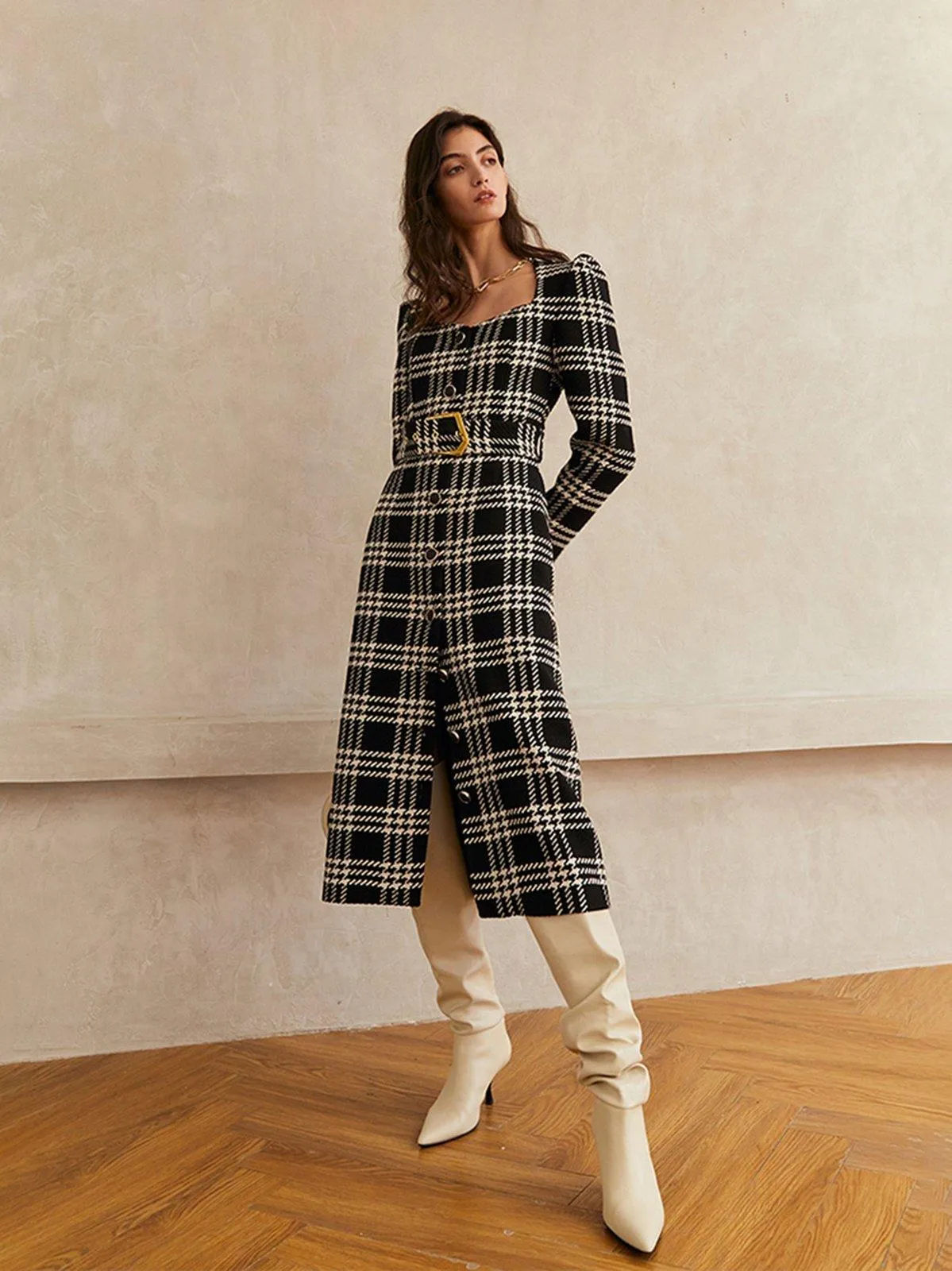 Plaid Square Neck Belted Button Wool Blend Long Dress