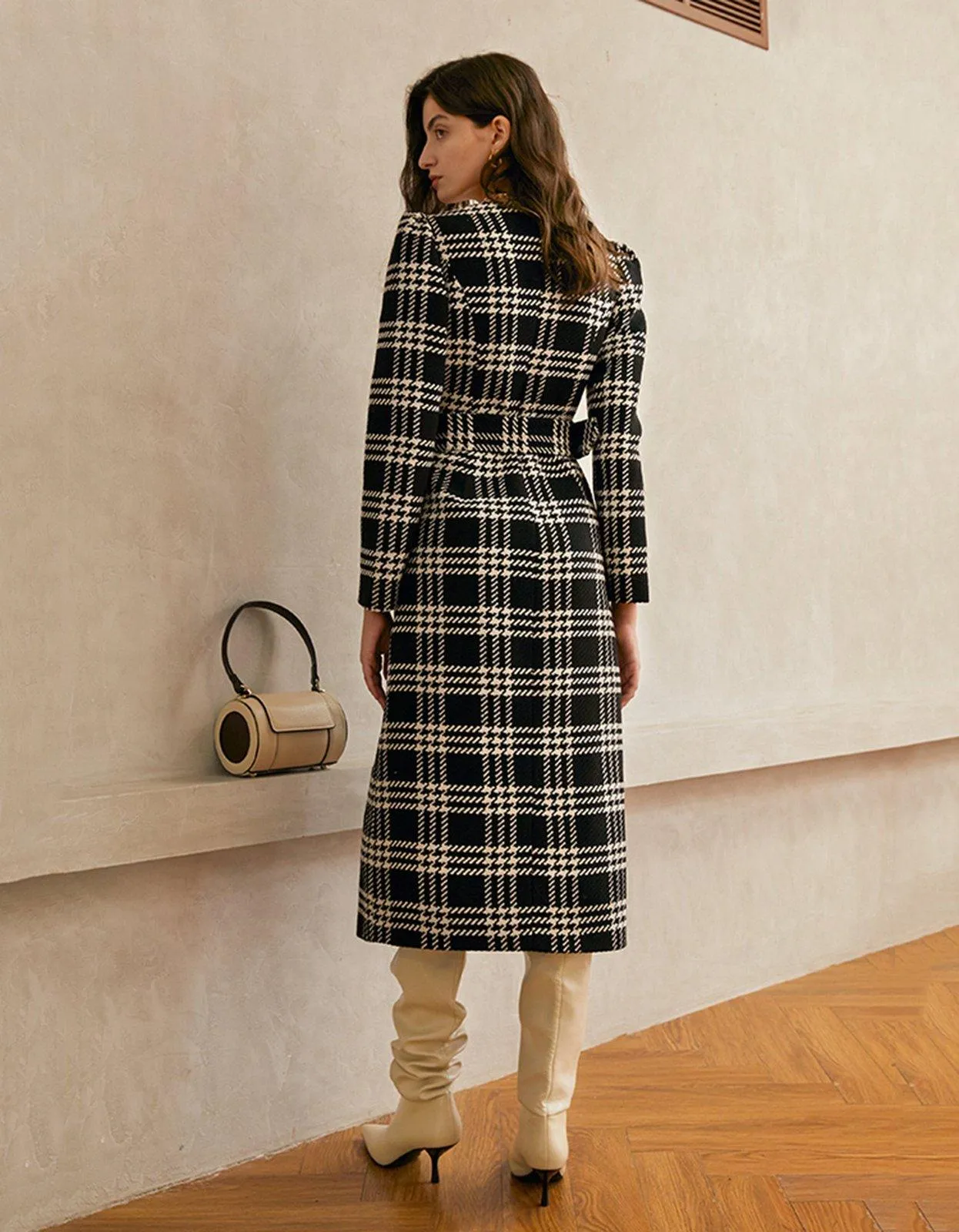 Plaid Square Neck Belted Button Wool Blend Long Dress