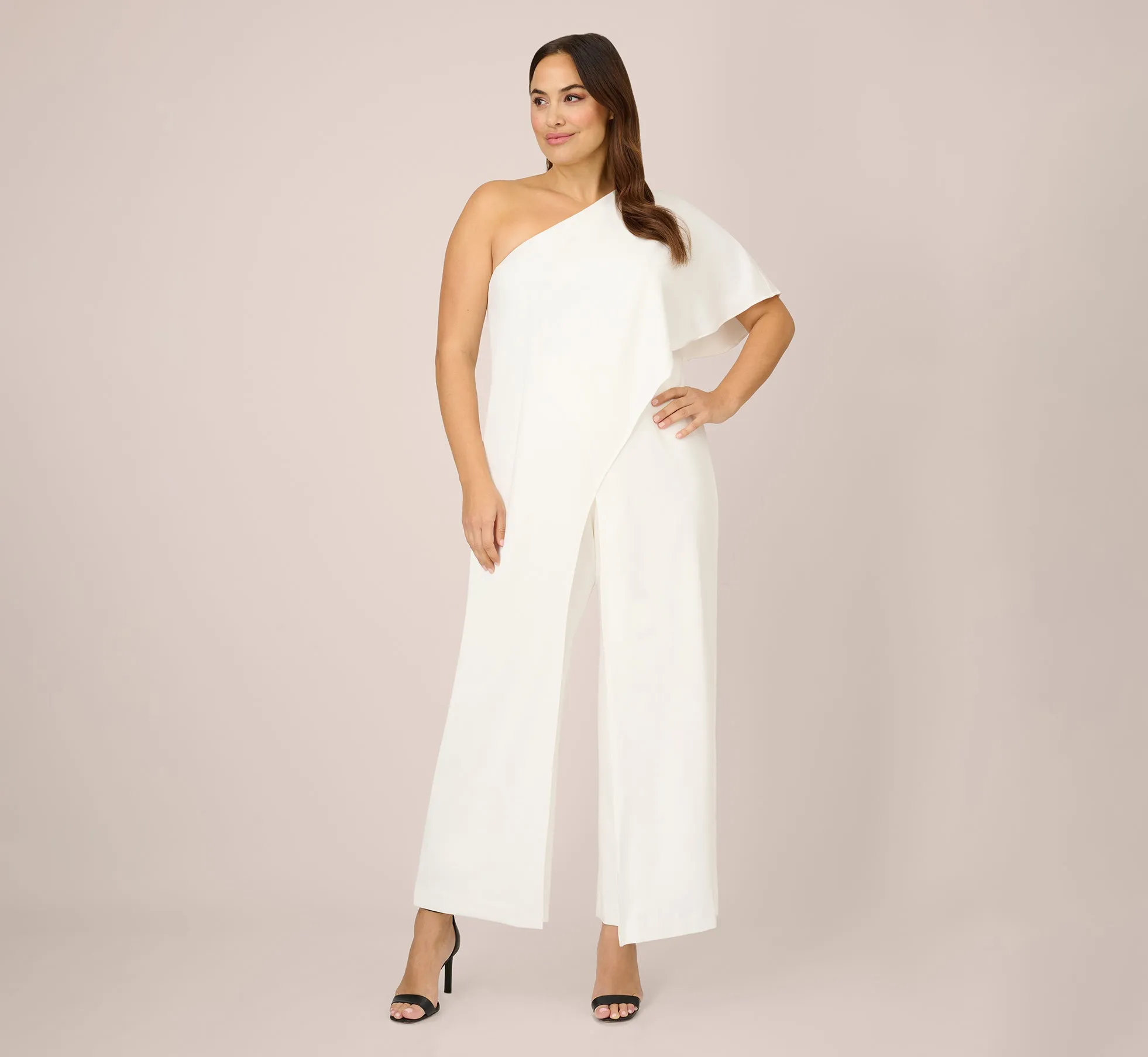 Plus Size Flutter One Shoulder Jumpsuit In Ivory