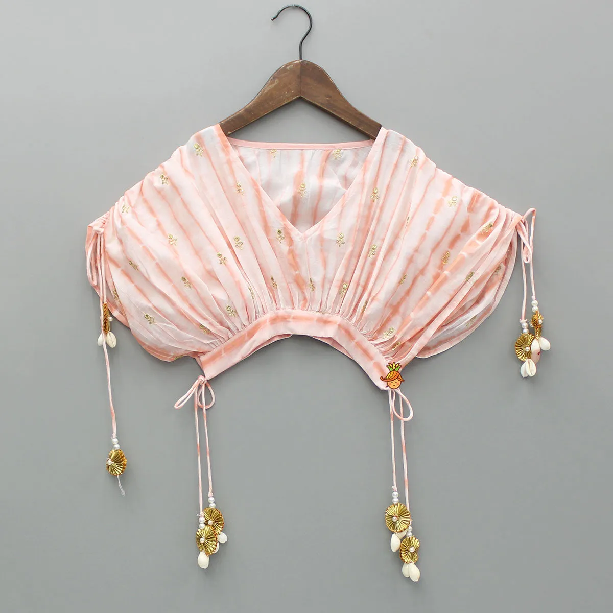 Pre Order: Peach Printed Embroidered Stylish Cape With Strappy Crop Top And Lehenga