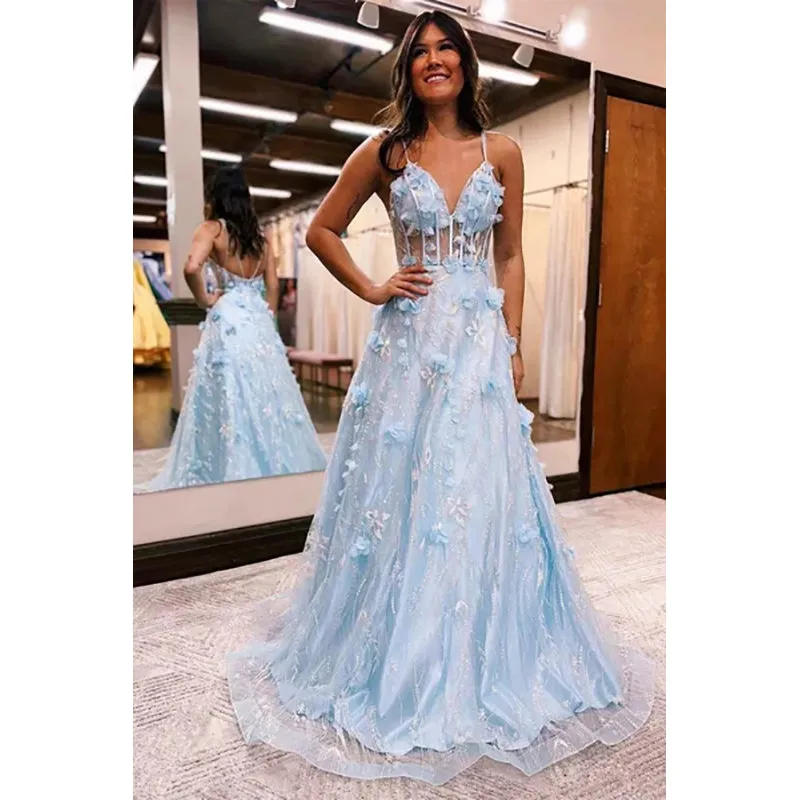 Princess Light Blue 3D Floral Lace V-Neck A-Line Long Prom Dress