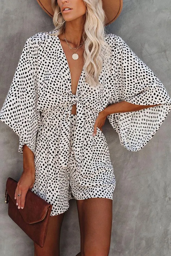 Printed V-neck Tie Loose Romper