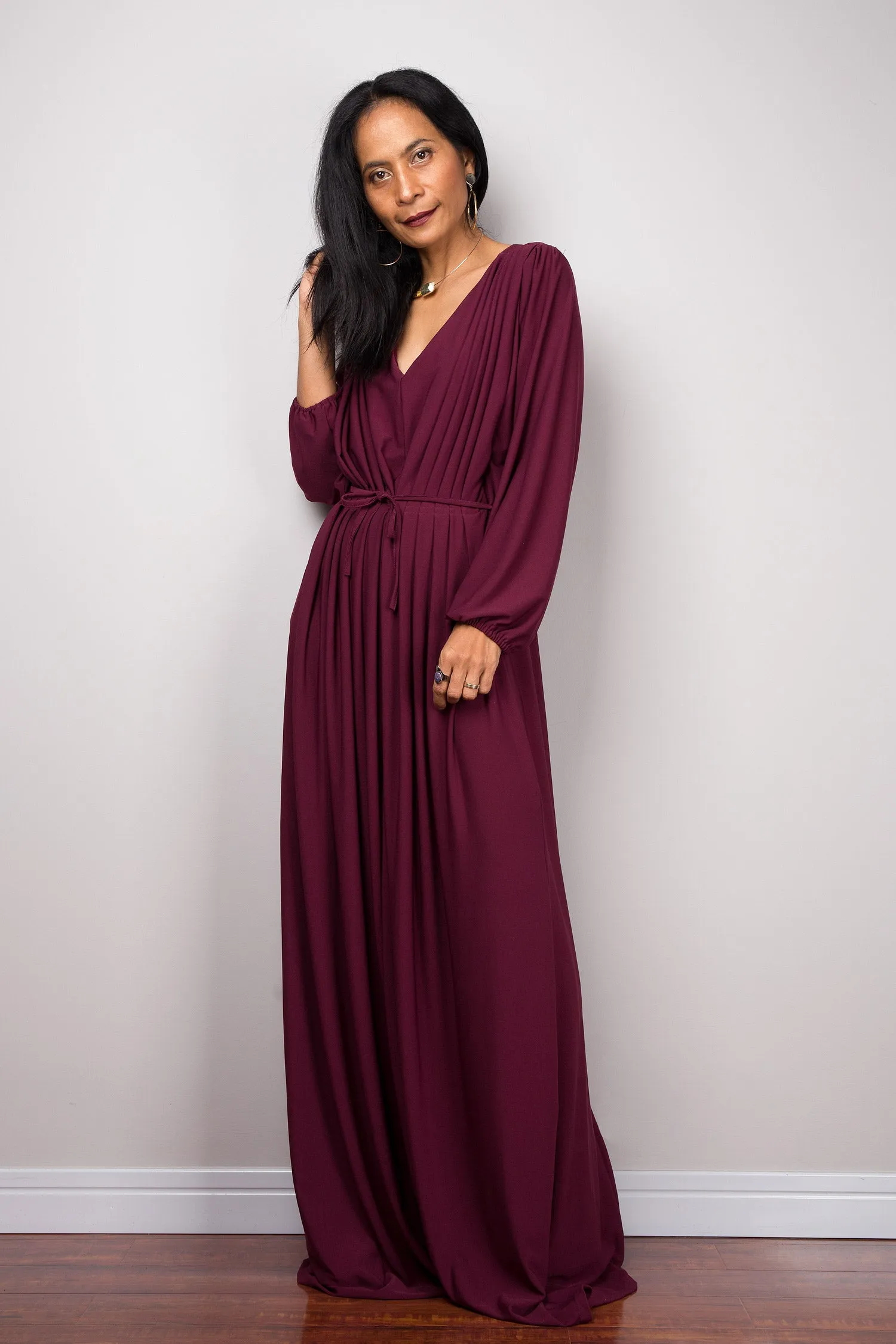 Purple maxi dress with long sleeves,  Pleated purple dress