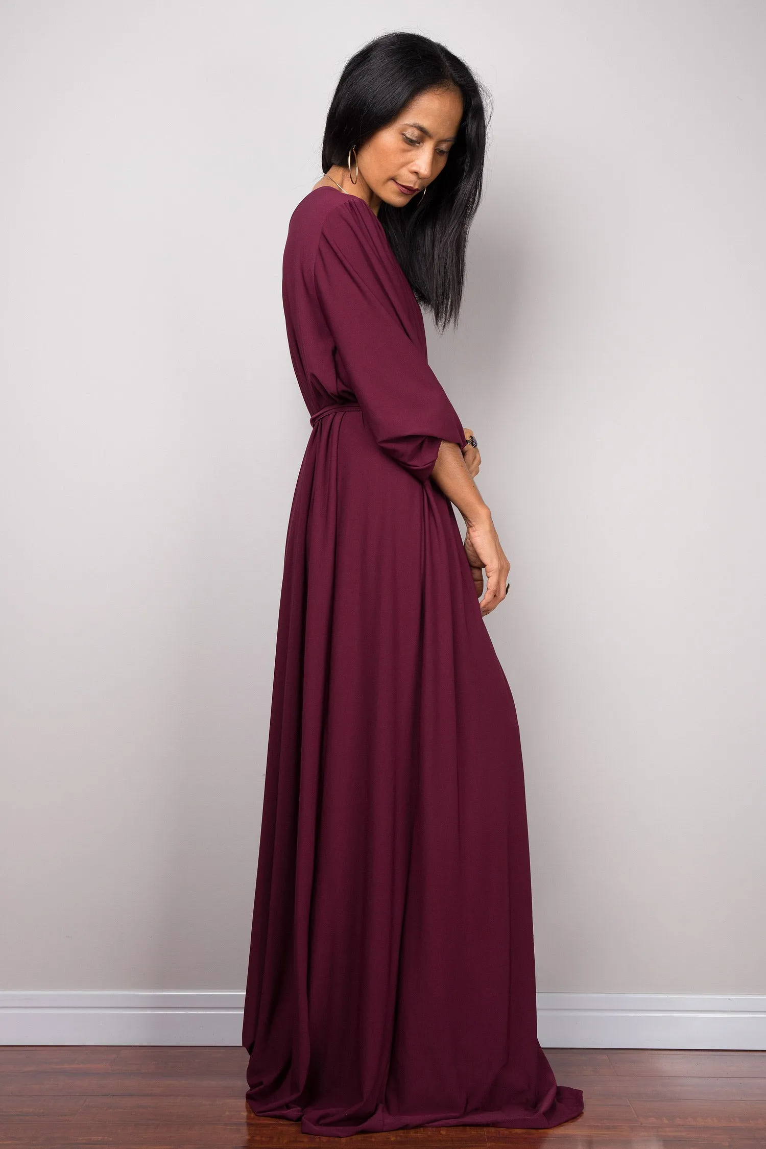 Purple maxi dress with long sleeves,  Pleated purple dress